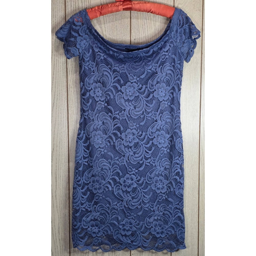Ambiance Womens Blue Floral Lace Short Sleeve Mini Dress Sheath Style 68800 L